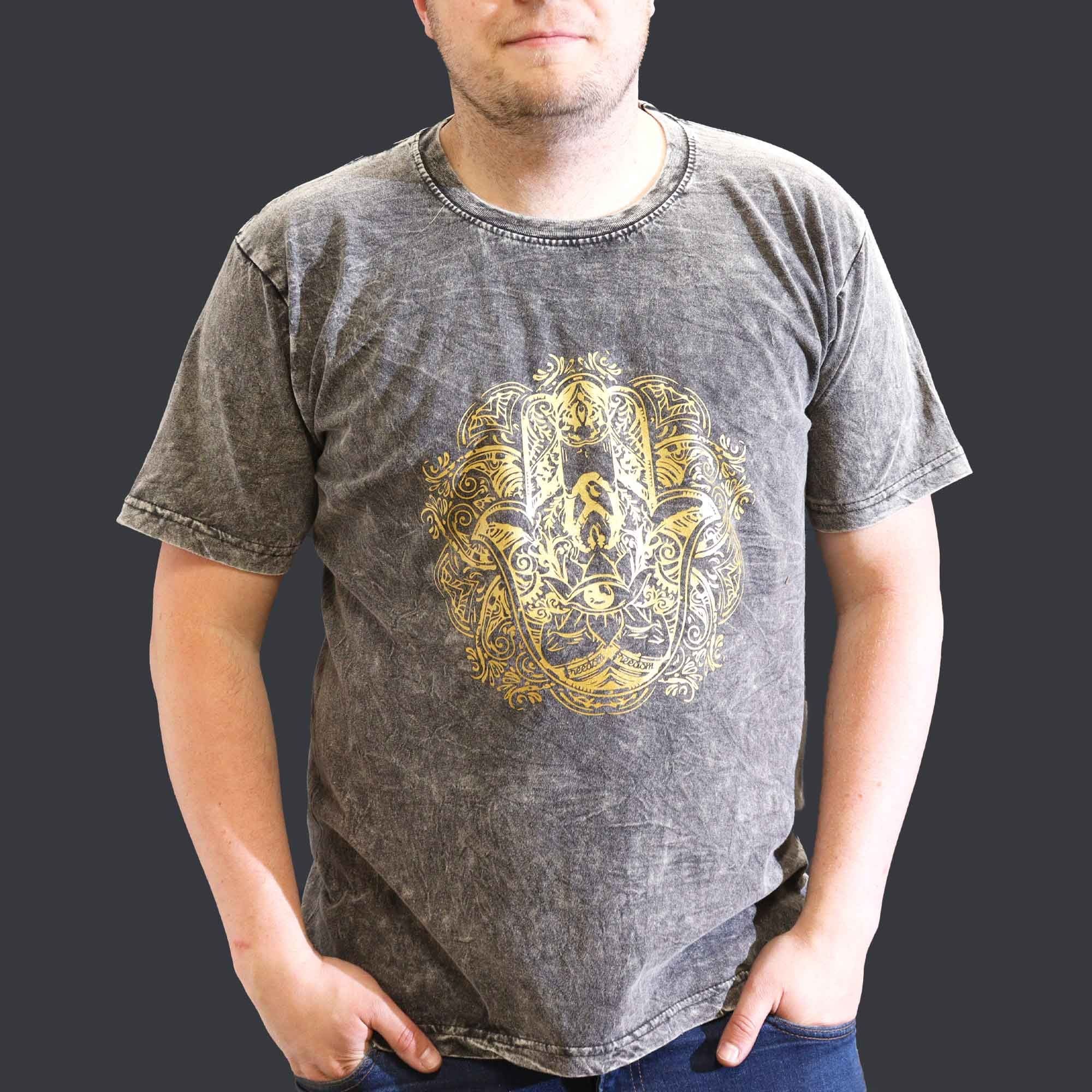 Nomad Sari Stonewashed Cotton T Shirt with Hamsa Design Dark Grey