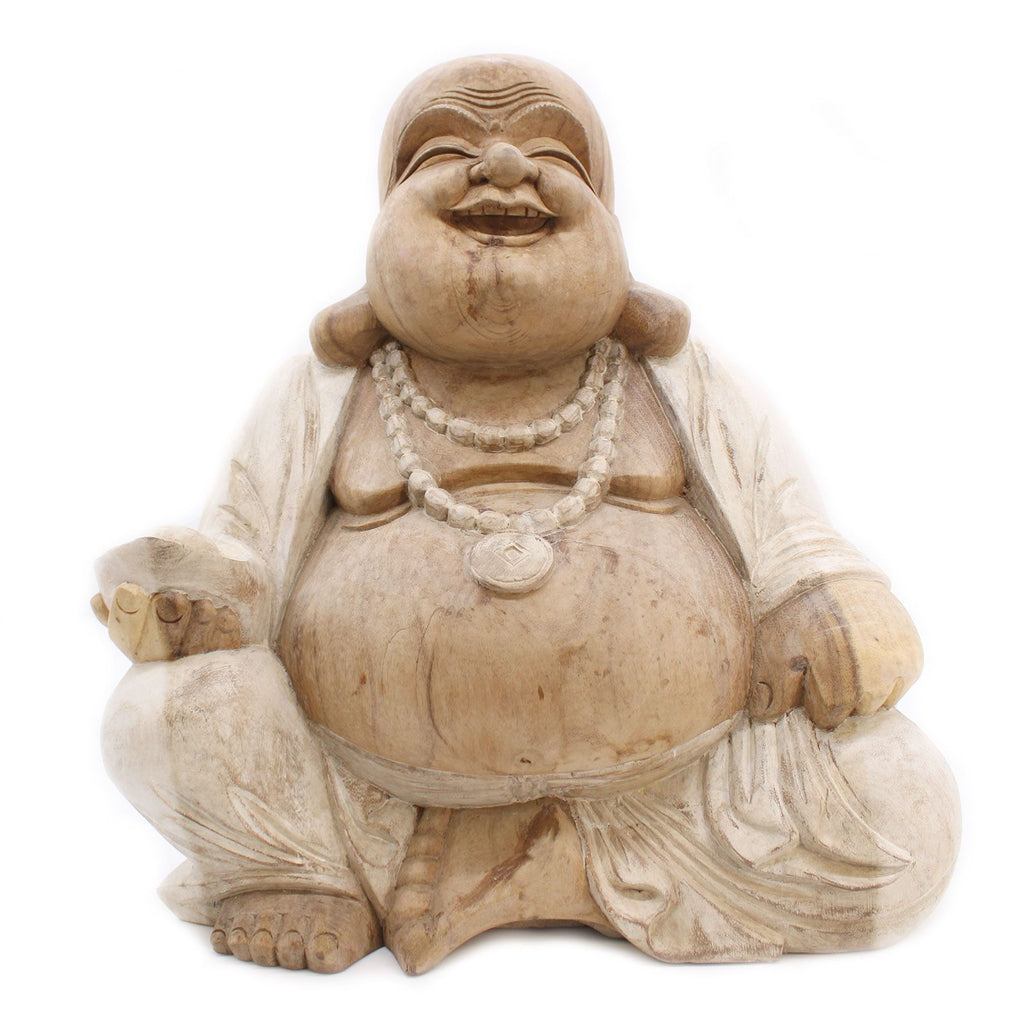 Happy Buddha Whitewash Hand Carved Statue 50cm for Home Decor