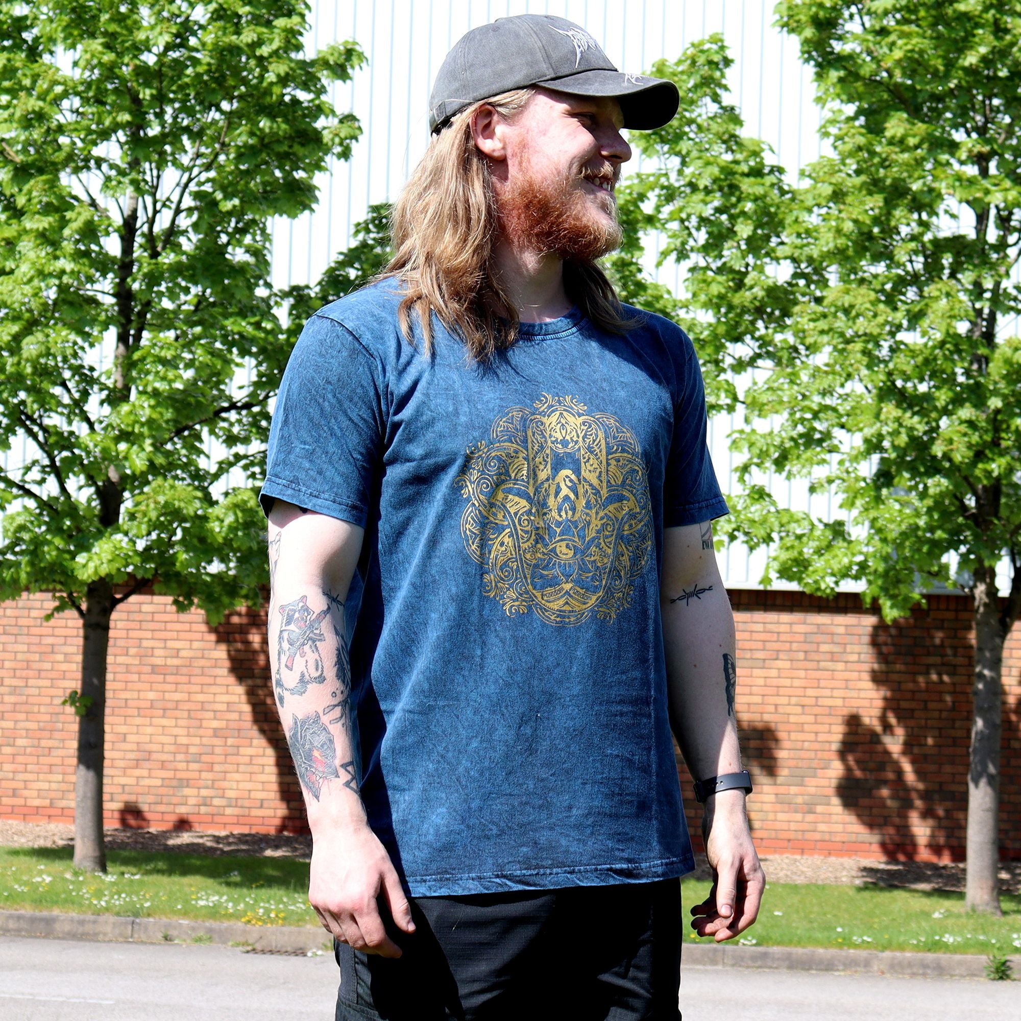 Nomad Sari Stonewashed Cotton T Shirt with Hamsa Design in Blue