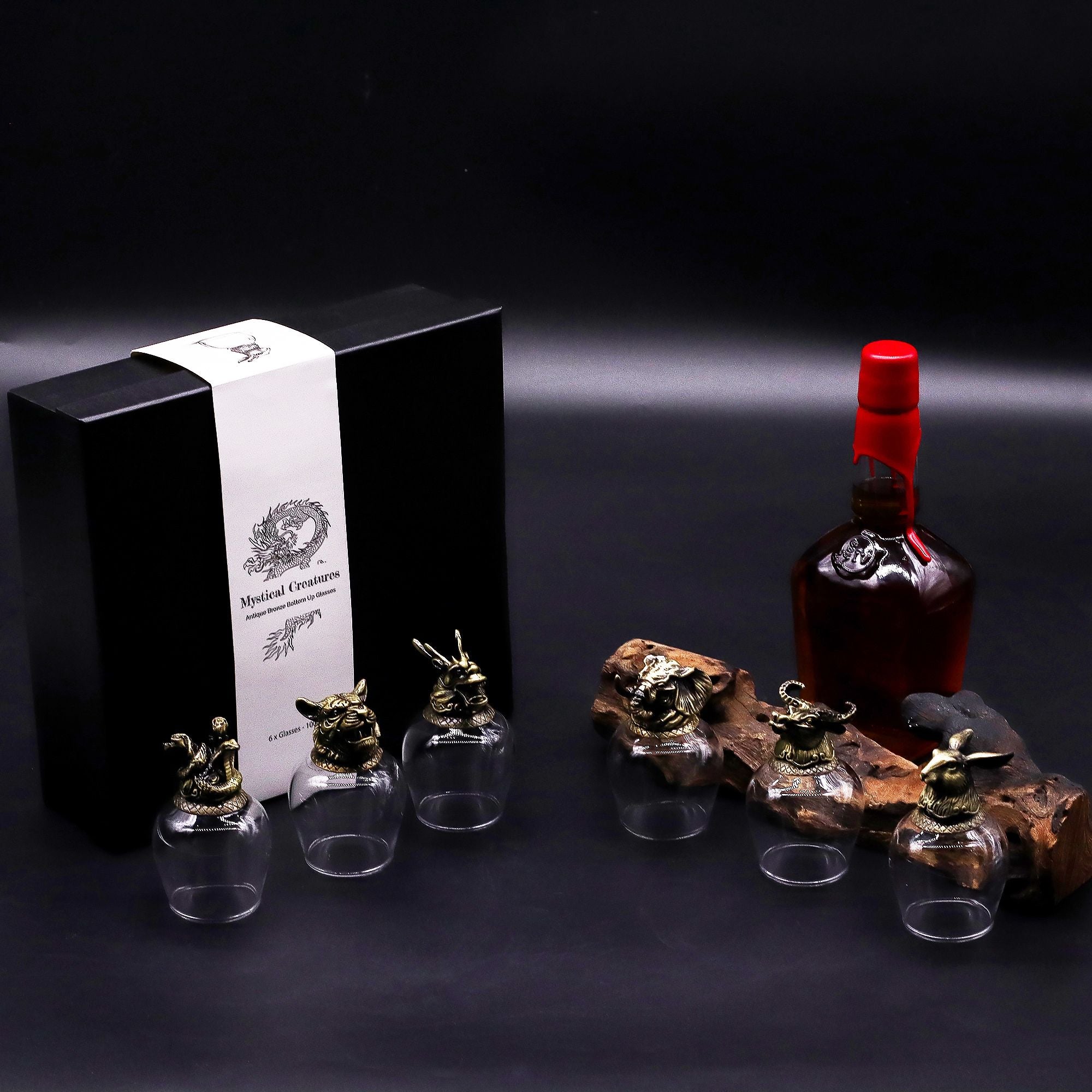 Gift Set of 6 Mystical Creatures Glasses with Antique Bronze Design