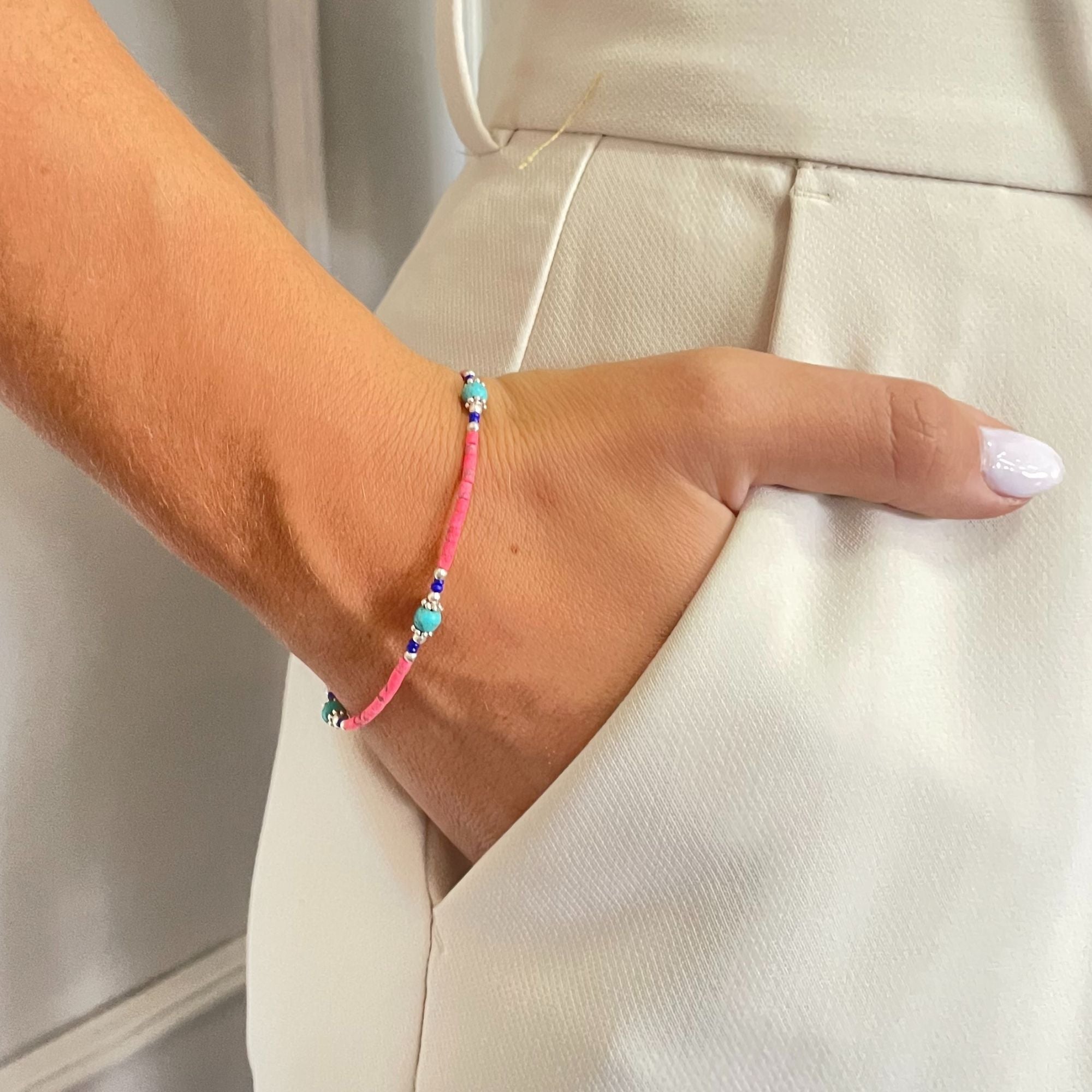 Nepalese Extra Fine Gem Bracelet with Pink Coral and Turquoise Beads