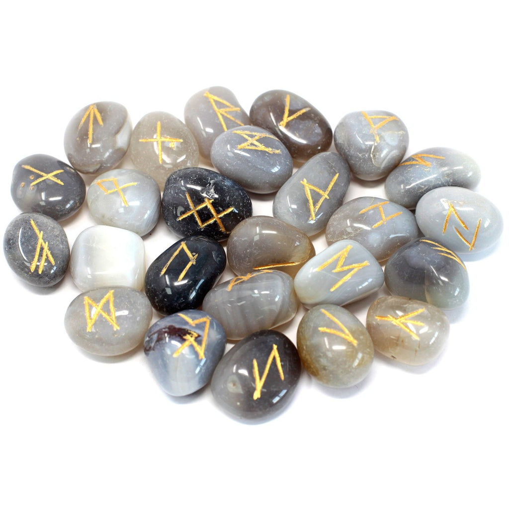Runes Stone Set in Pouch with Mystical Grey Agate Stones