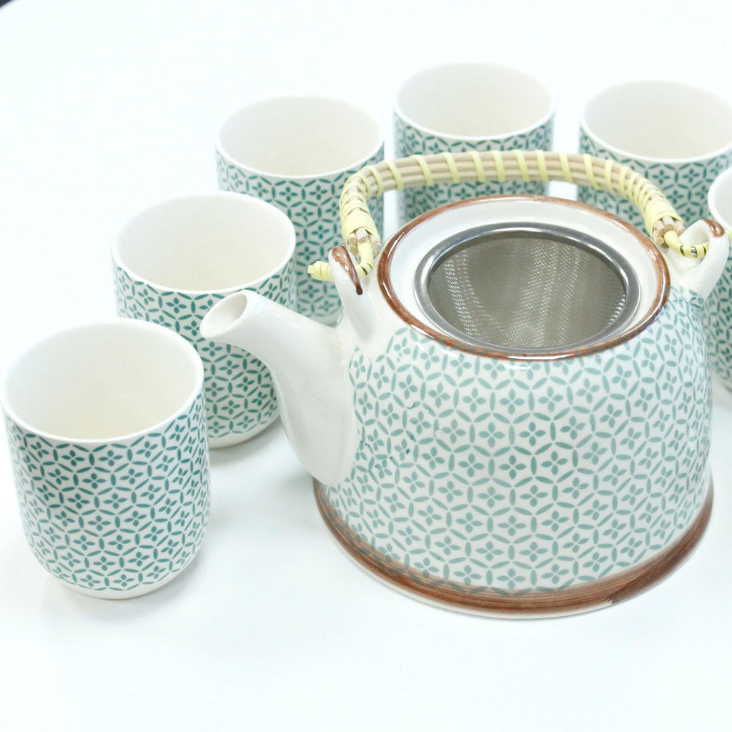Herbal Teapot Set Green Mosaic with Matching Cups for Tea Lovers