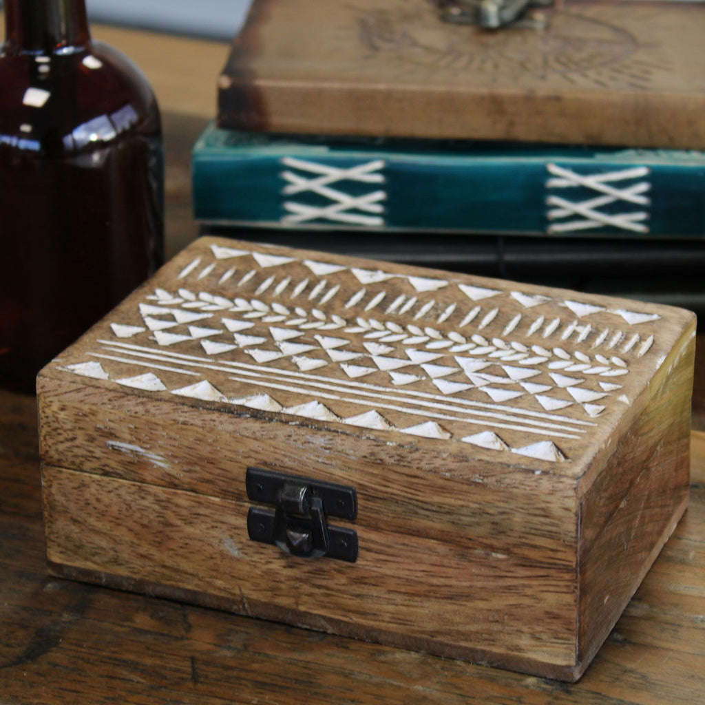 White Washed Wooden Box with Aztec Design for Stylish Storage