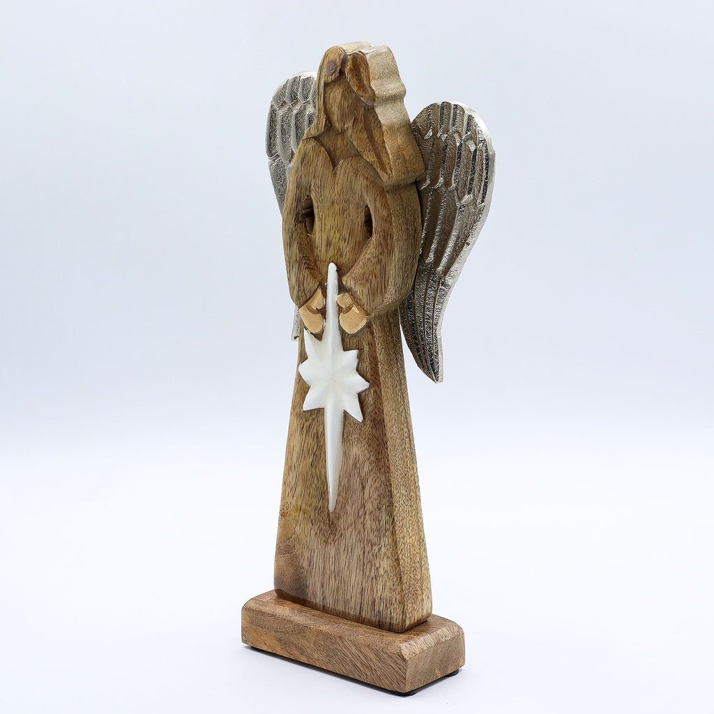 Large Mango Wood Peace Angel with Metal Wings and Enamel Detail
