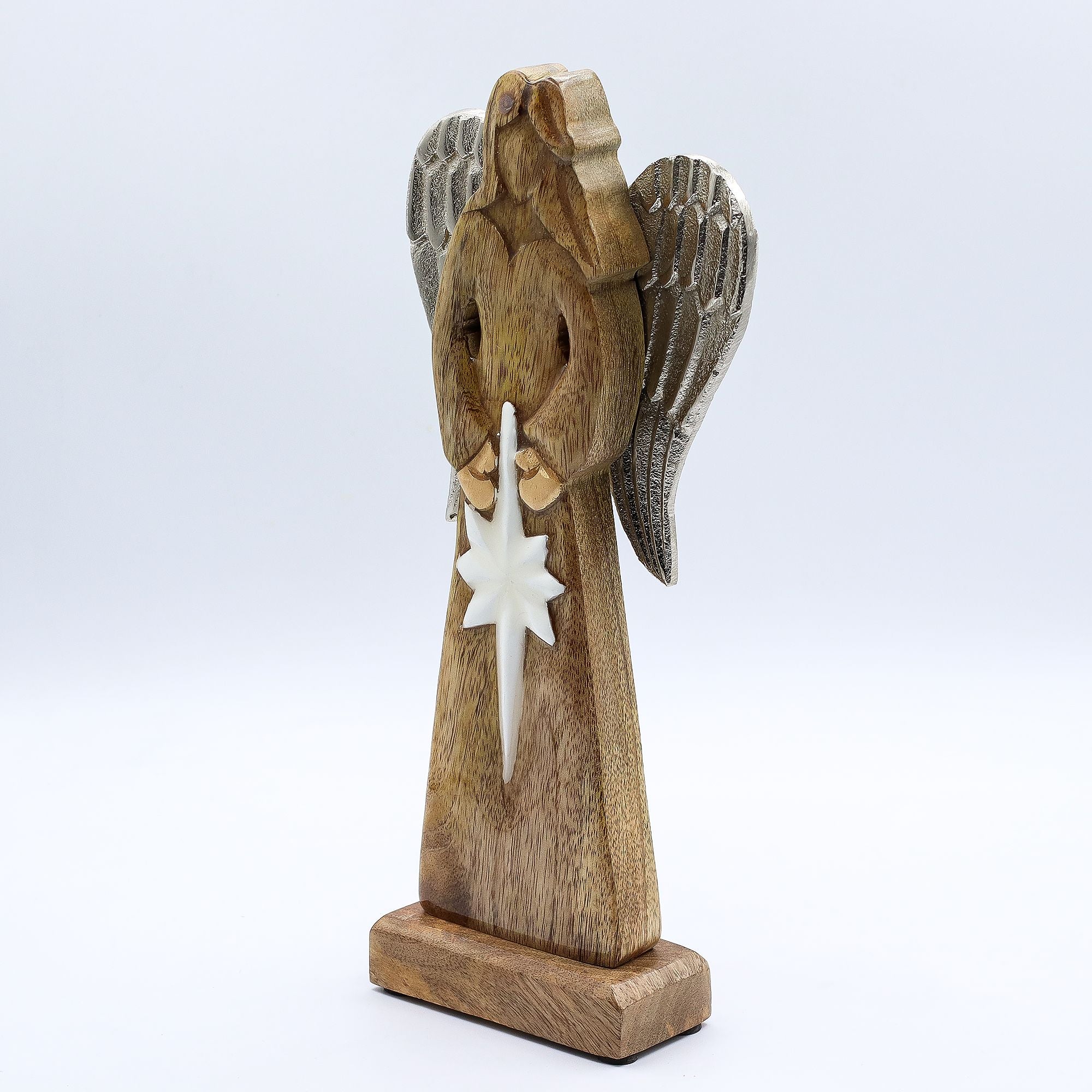 Large Mango Wood Peace Angel with Metal Wings and Enamel Detail