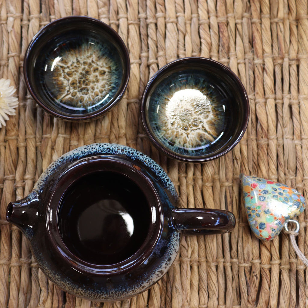Herbal Black Glaze Teapot Set with Two Elegant Matching Cups