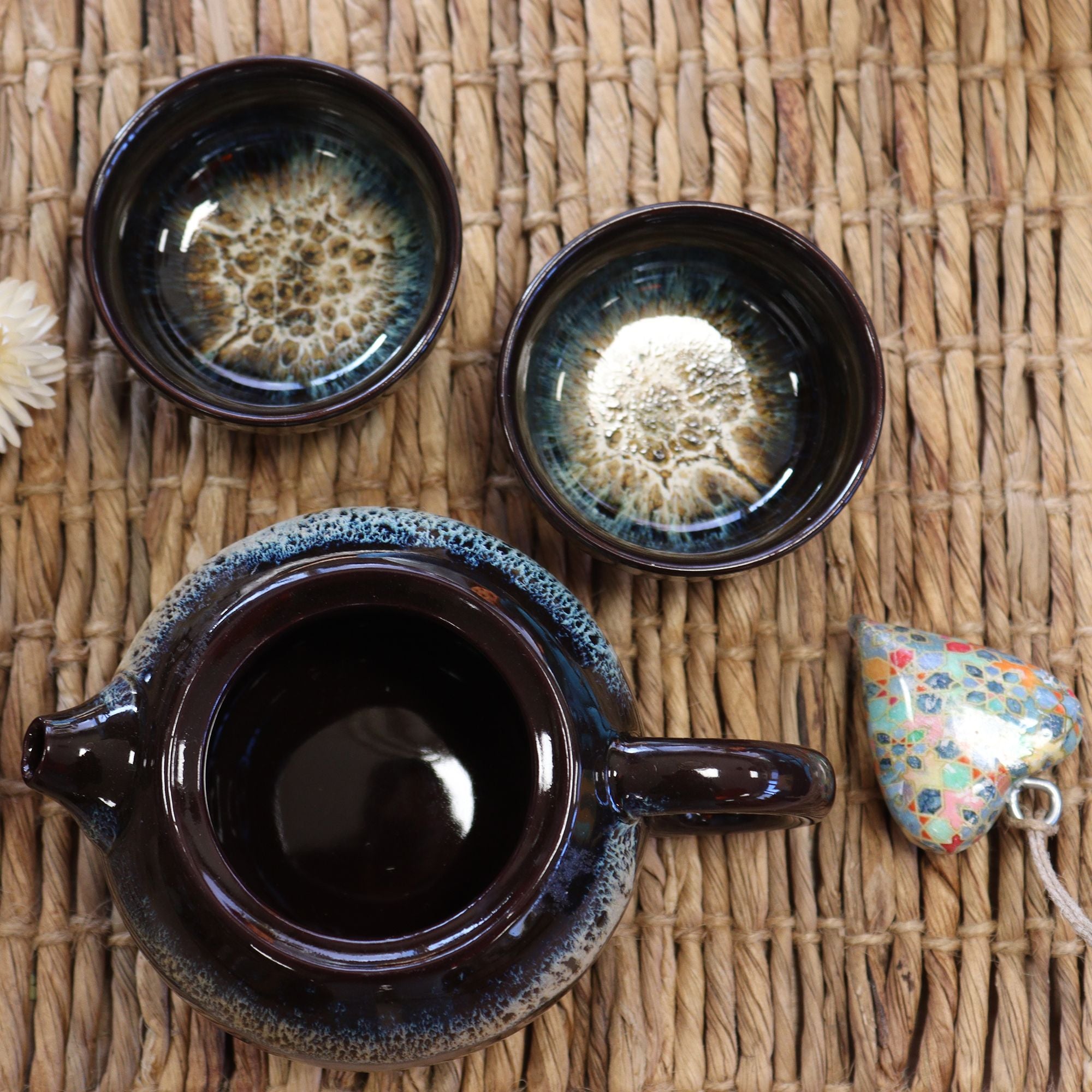 Herbal Black Glaze Teapot Set with Two Elegant Matching Cups