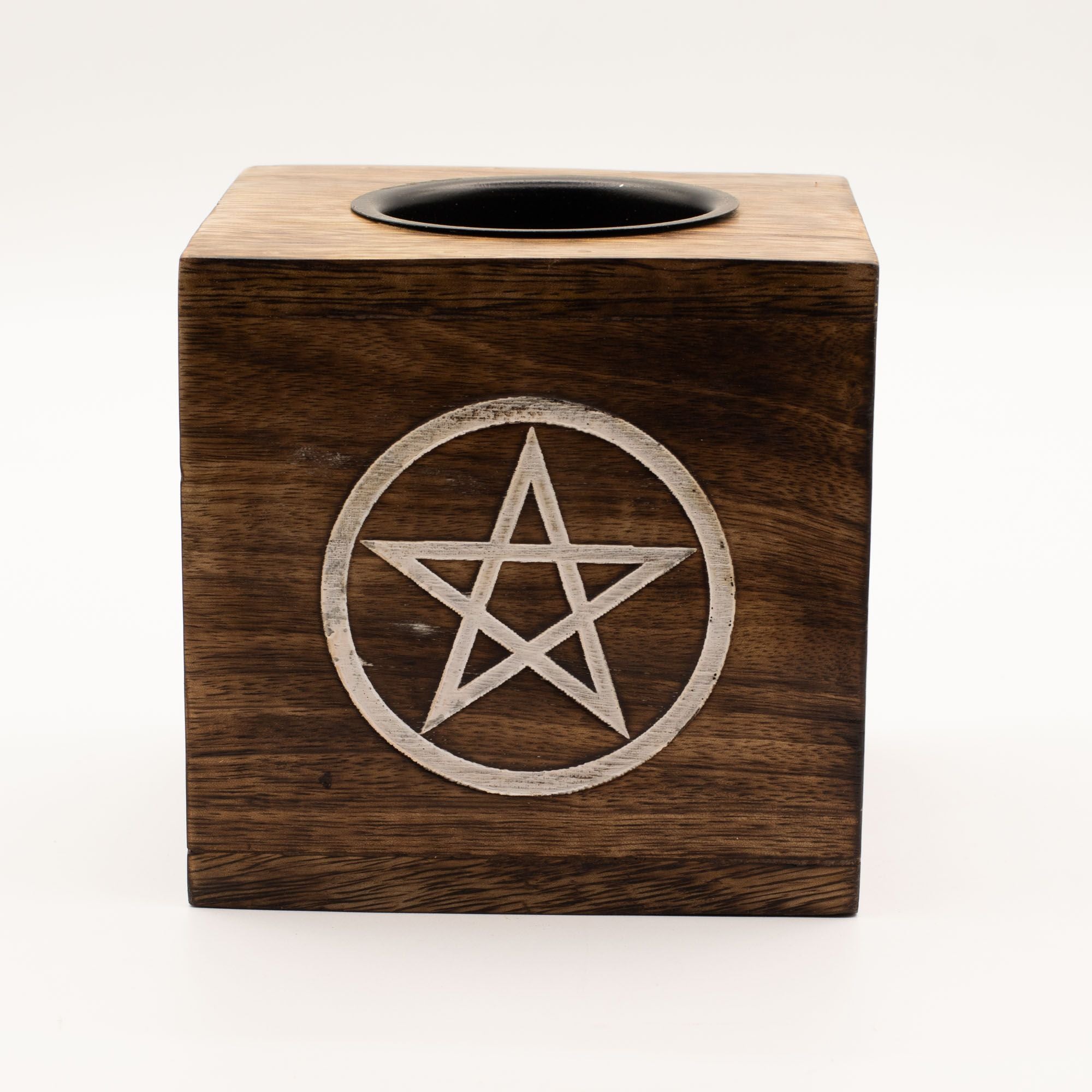 Large Square Mango Wood Oil Burner with Pentagon Design