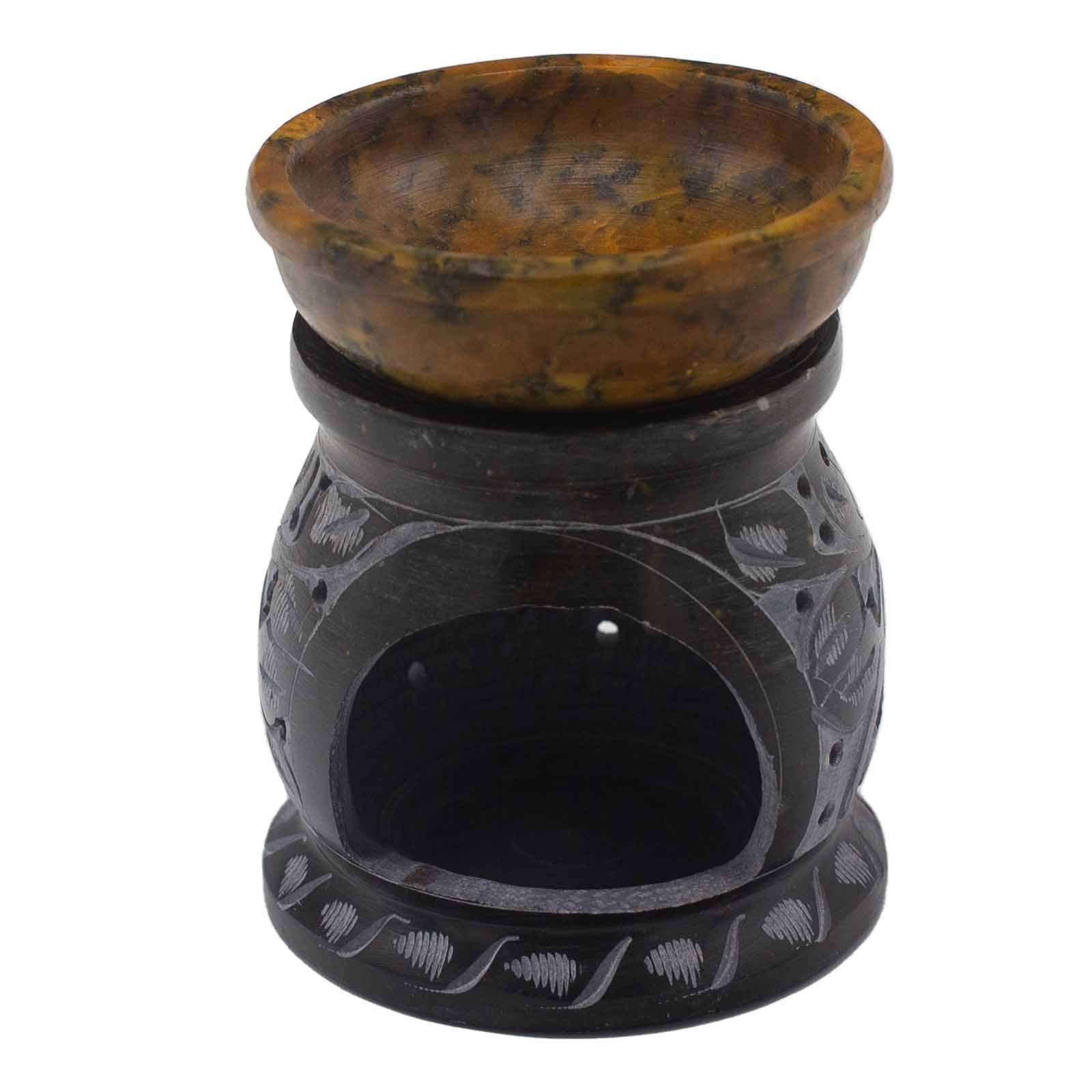 Soapstone Oil Burner 10cm with Mandala Flower Design in Black Yellow