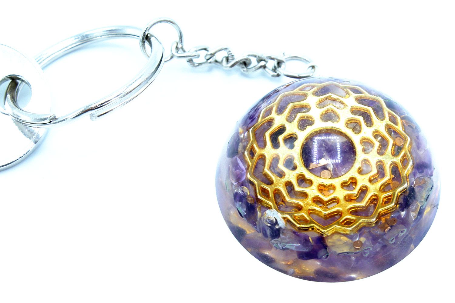 Orgonite Power Keyring with Amethyst Mandala Hearts Design