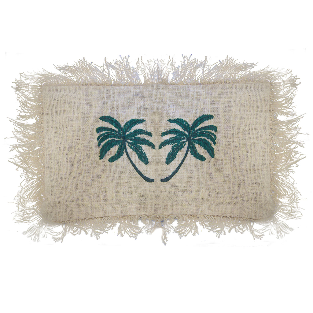 Linen Cushion Cover 30x50cm with Palm Tree and Fringe Detail