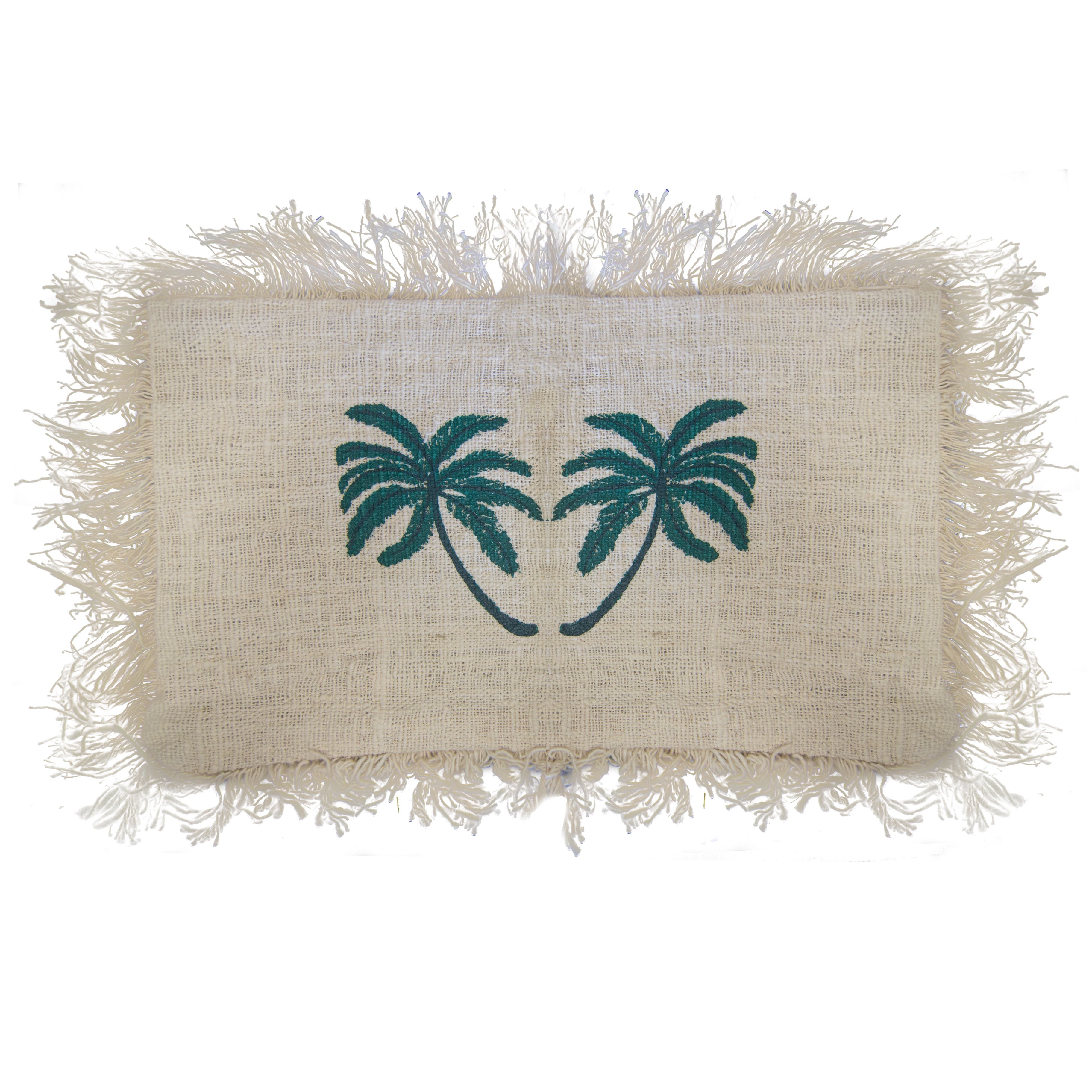 Linen Cushion Cover 30x50cm with Palm Tree and Fringe Detail