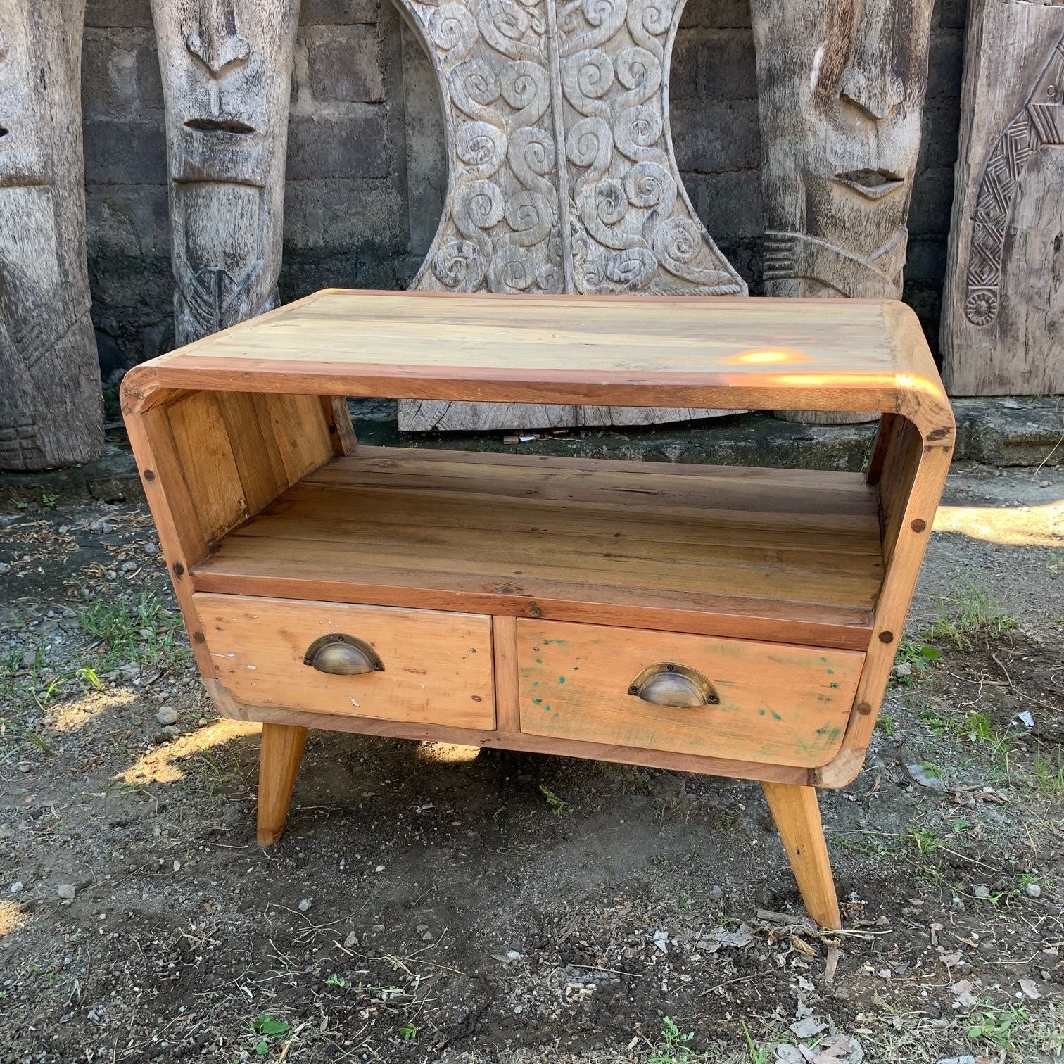 Small TV Stand with 2 Draws Round in Recycled Wood for Storage