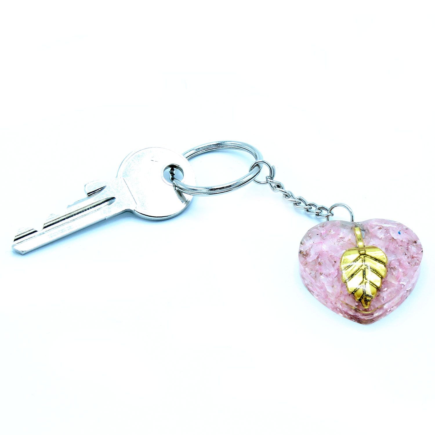Orgonite Power Keyring with Rose Quartz Hearts and Golden Leaf