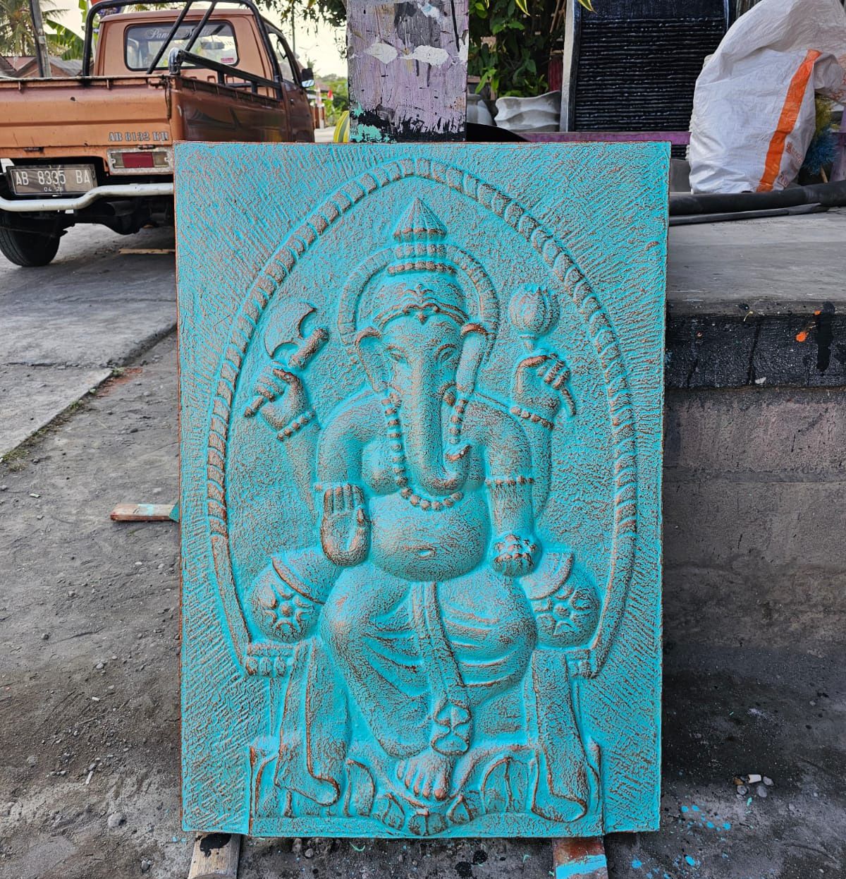 Large Ganpati Iron Frame Turquoise Relief Wall Art 0.7x1m