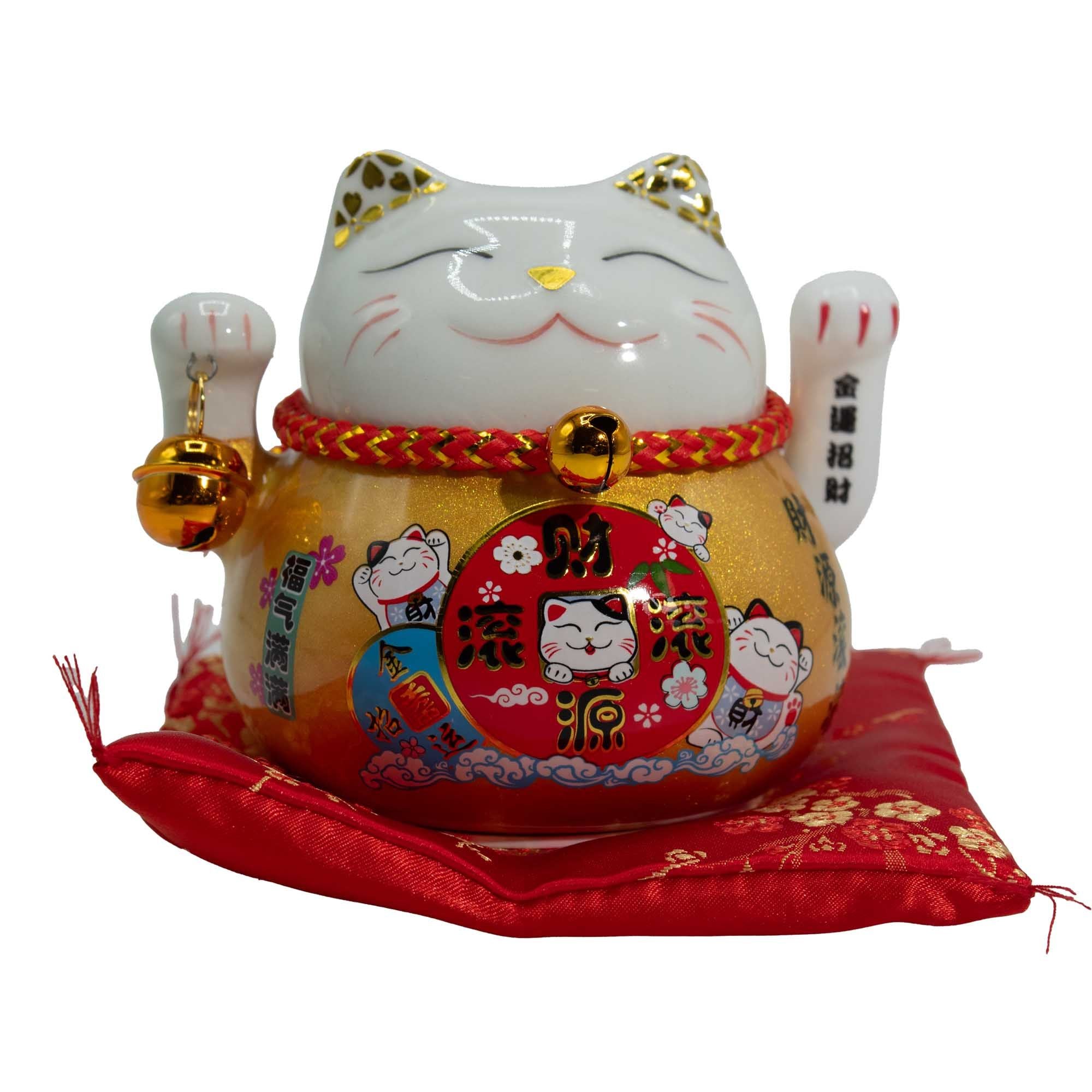 Ceramic Money Cat with Moving Hand in Gold on Red Cushion
