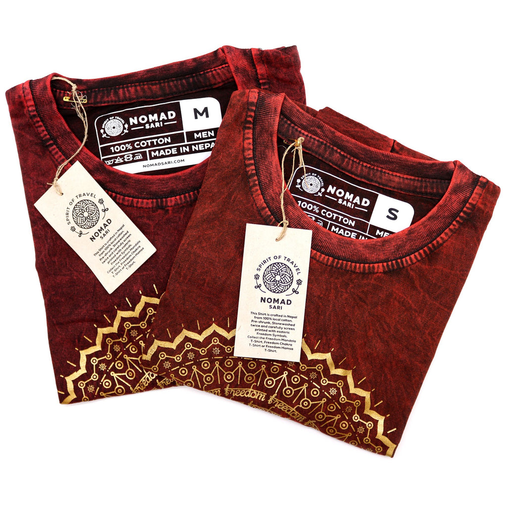 Nomad Sari Stonewashed Cotton T Shirt with Mandala Print Maroon