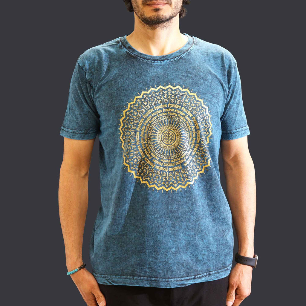 Nomad Sari Stonewashed Cotton T Shirt with Mandala Design in Blue