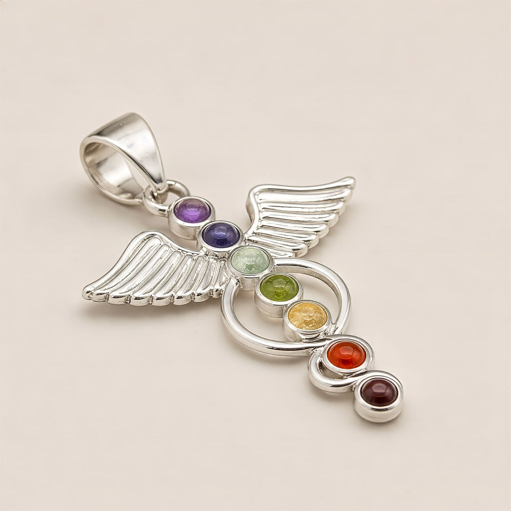 Indian Devotional Pendant with Silver Plated Angel Chakra Design