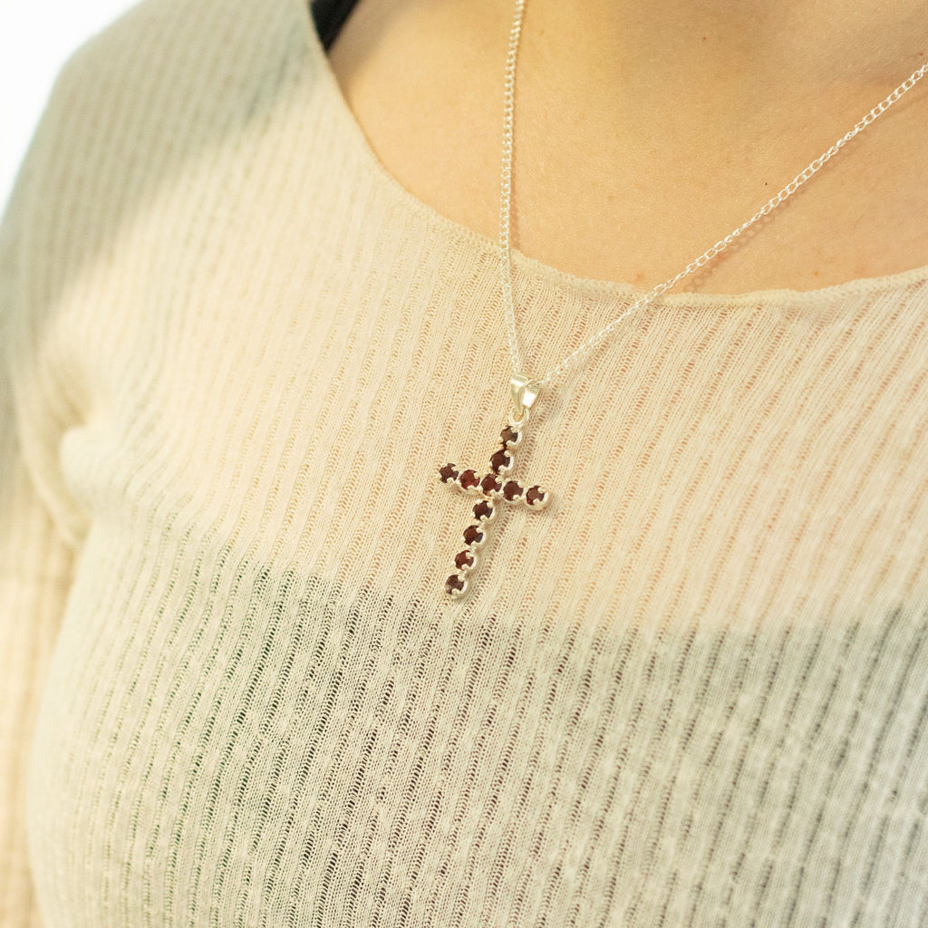 Indian Devotional Pendant with Silver Plated Chain and Garnet Crucifix