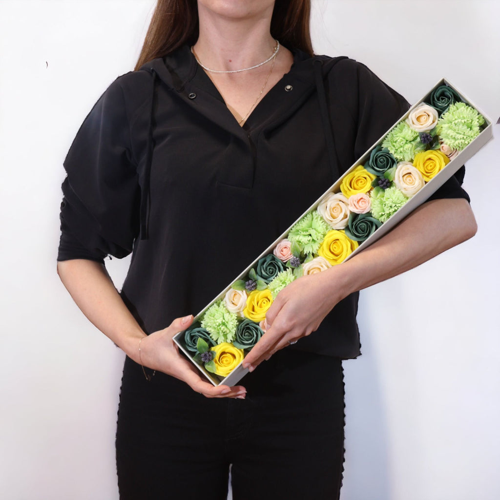 Extra Long Box Spring Celebrations Soap Flowers in Yellow & Greens