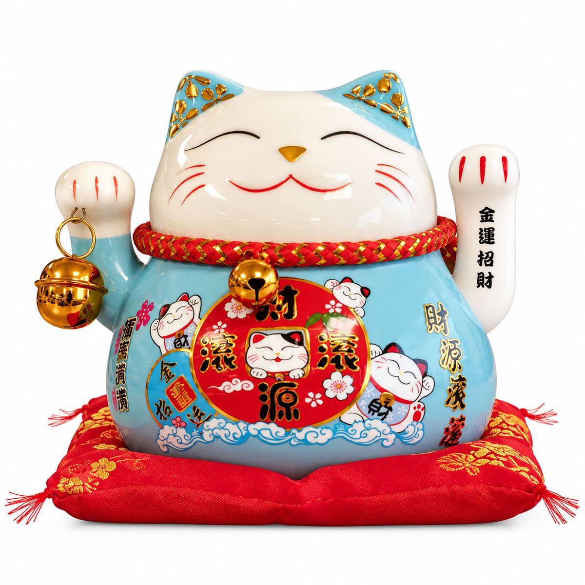 Japanese Lucky Cat Ceramic Waving Ornament on Cushion – Blue