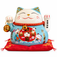 Japanese Lucky Cat Ceramic Waving Ornament on Cushion – Blue