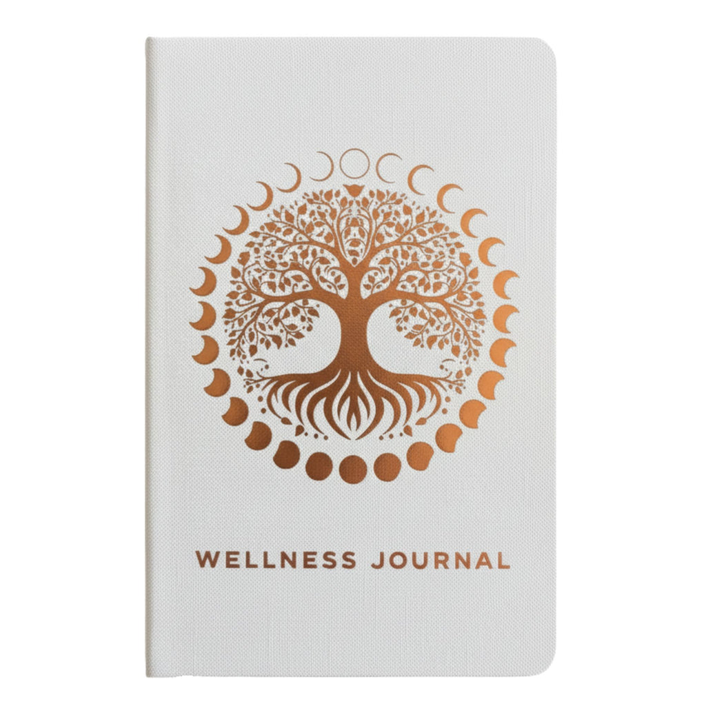 Elegant White Wellness Journal with Rose Gold Tree of Life Design