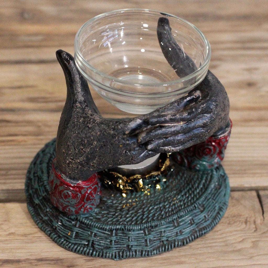 Antique Buddha Om Hands Oil Burner for Calm Home Decor and Relaxation