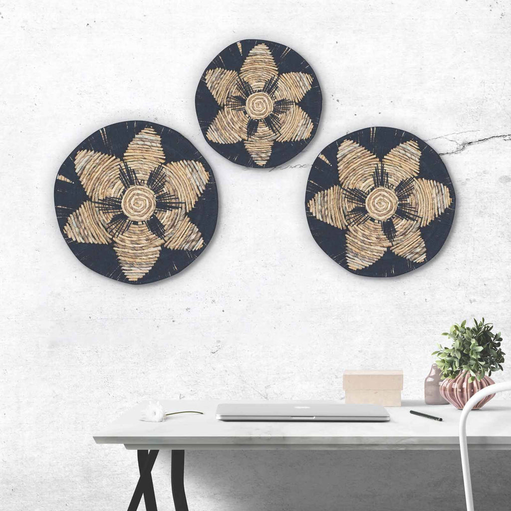 Set of Three Black Seagrass Bowls Wall Art for Home Decor
