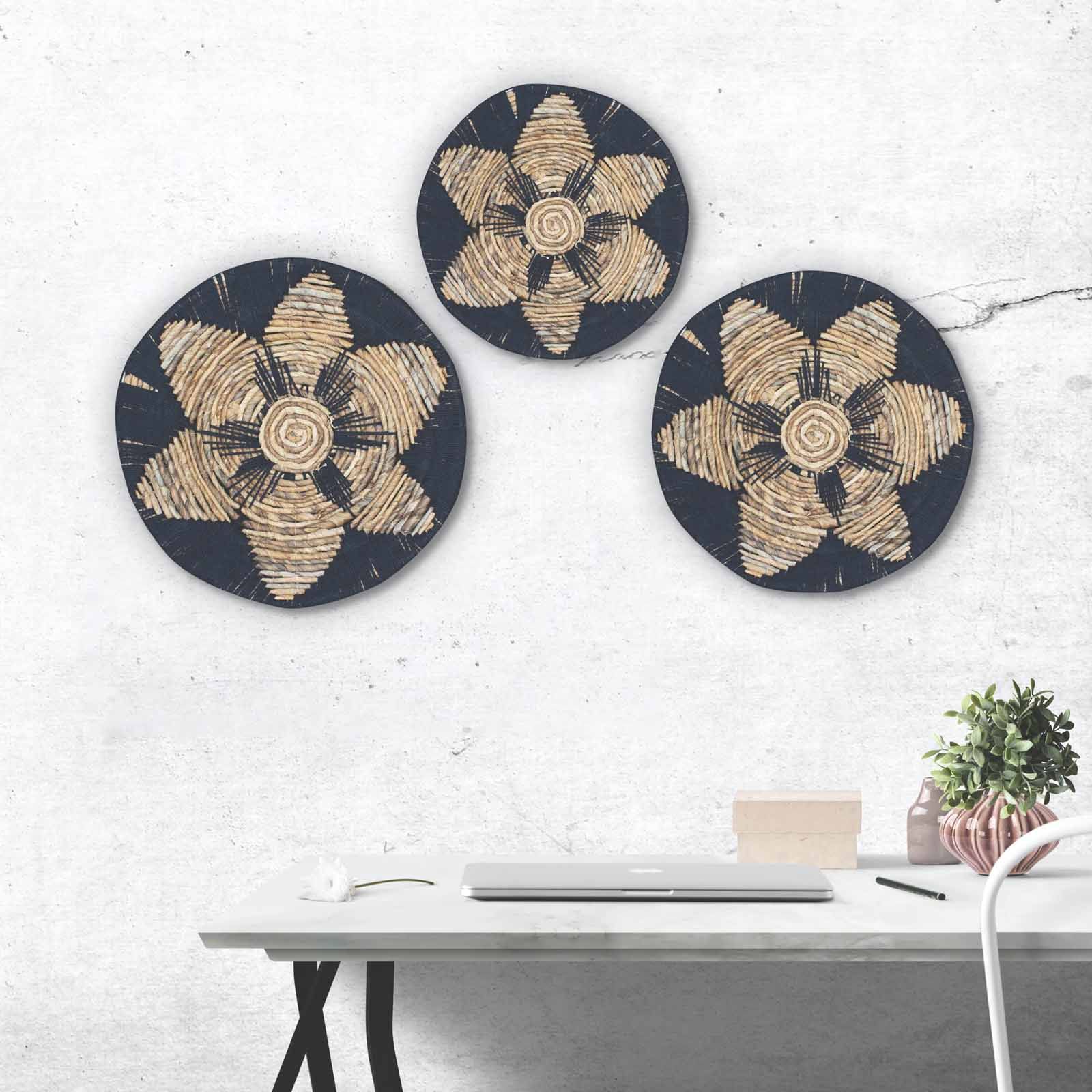 Set of Three Black Seagrass Bowls Wall Art for Home Decor