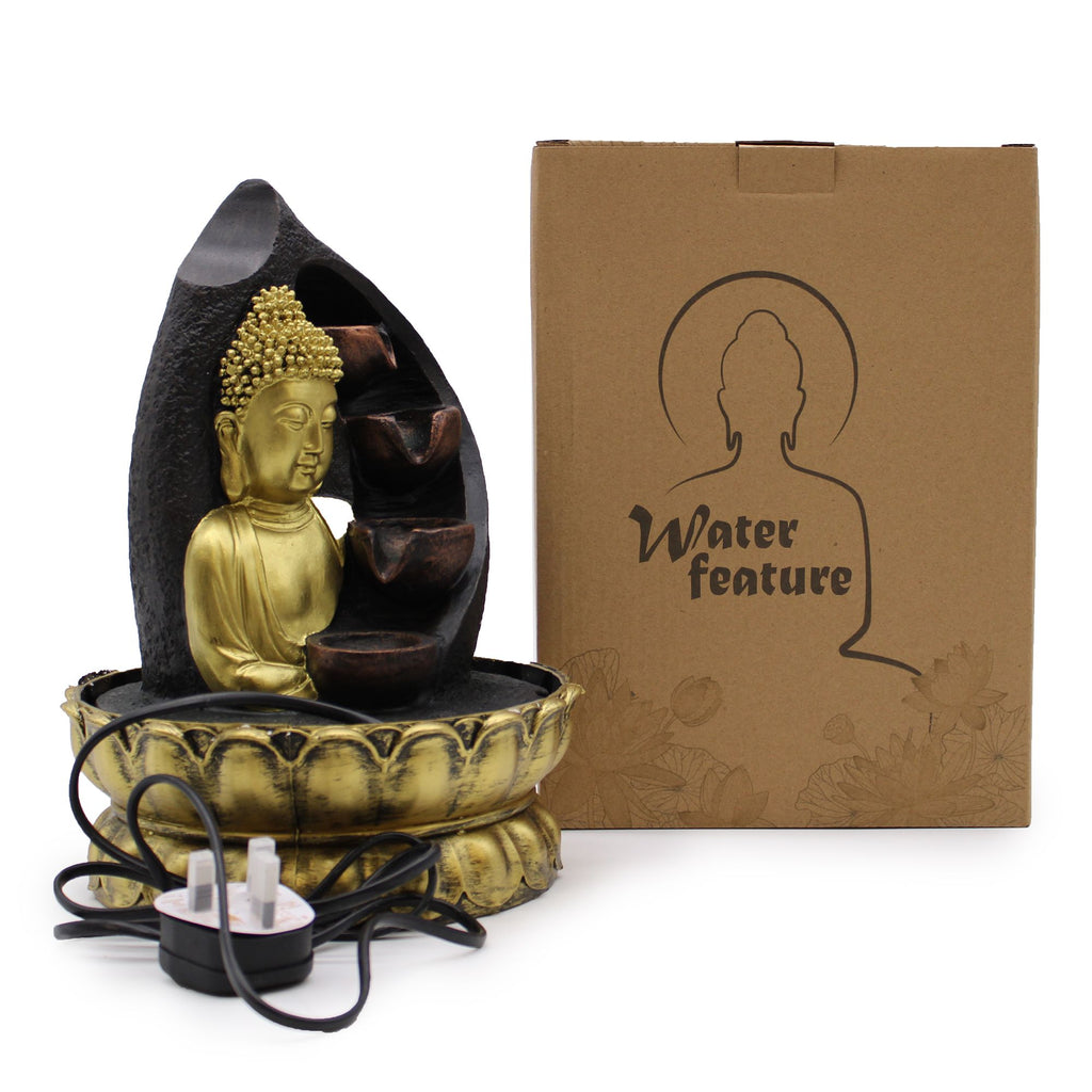 30cm Golden Buddha Tabletop Water Feature with Pouring Pots Design