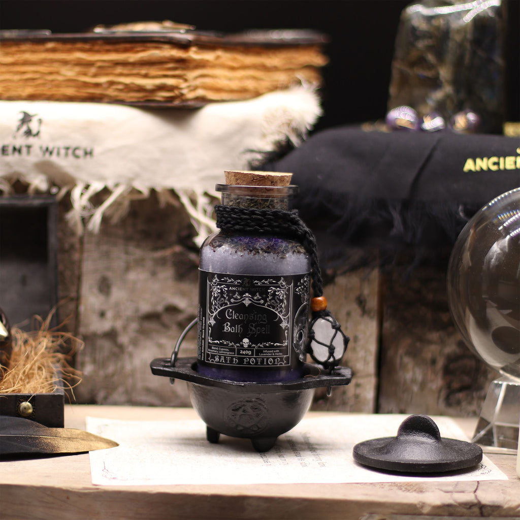Ancient Witch Bath Spell Potion & Rock Crystal Amulet for Cleansing