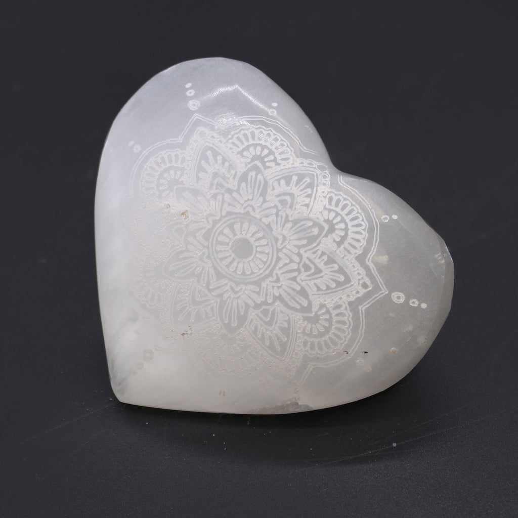 Selenite Heart Decorative Piece with Mandala Engraving 7 to 8cm