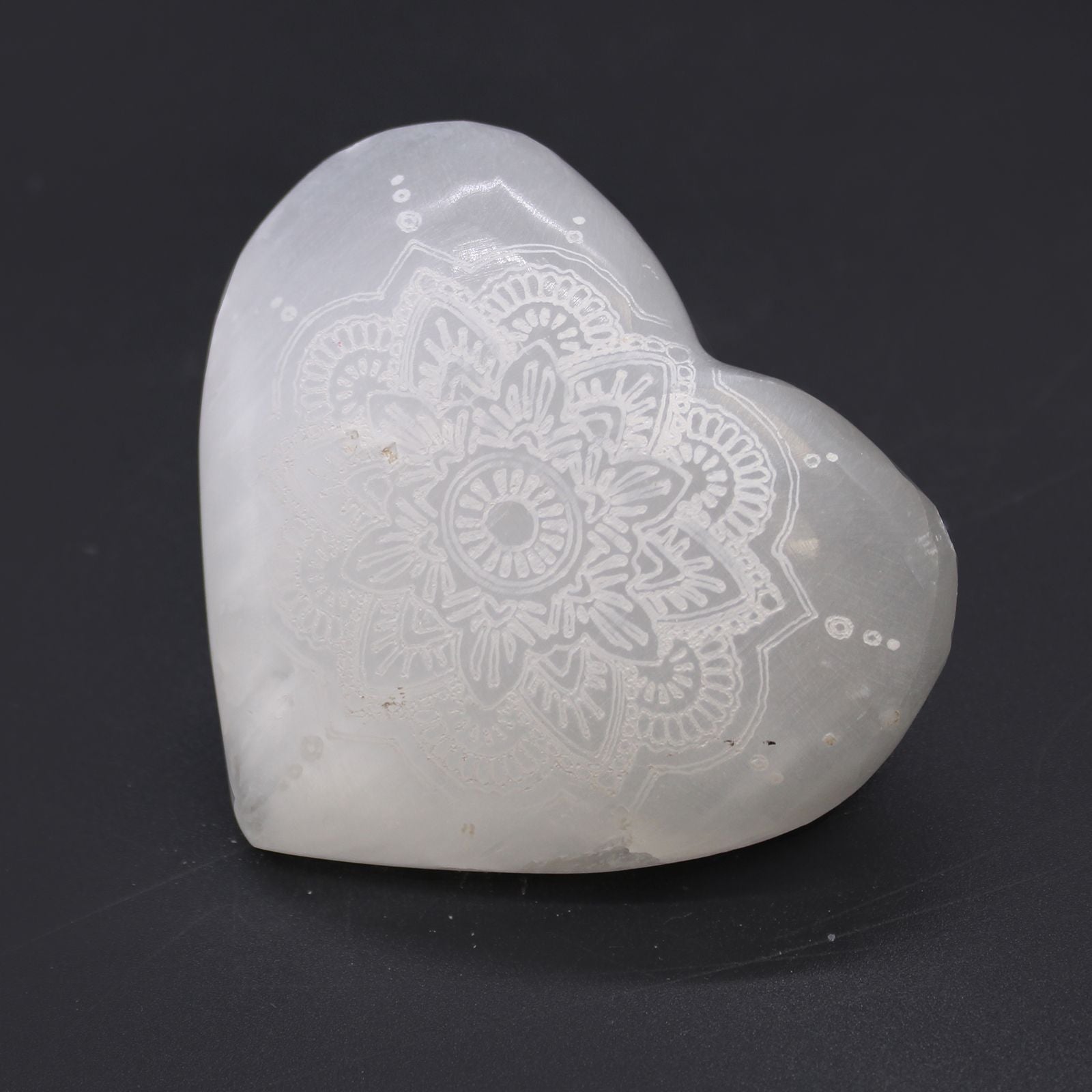 Selenite Heart Decorative Piece with Mandala Engraving 7 to 8cm