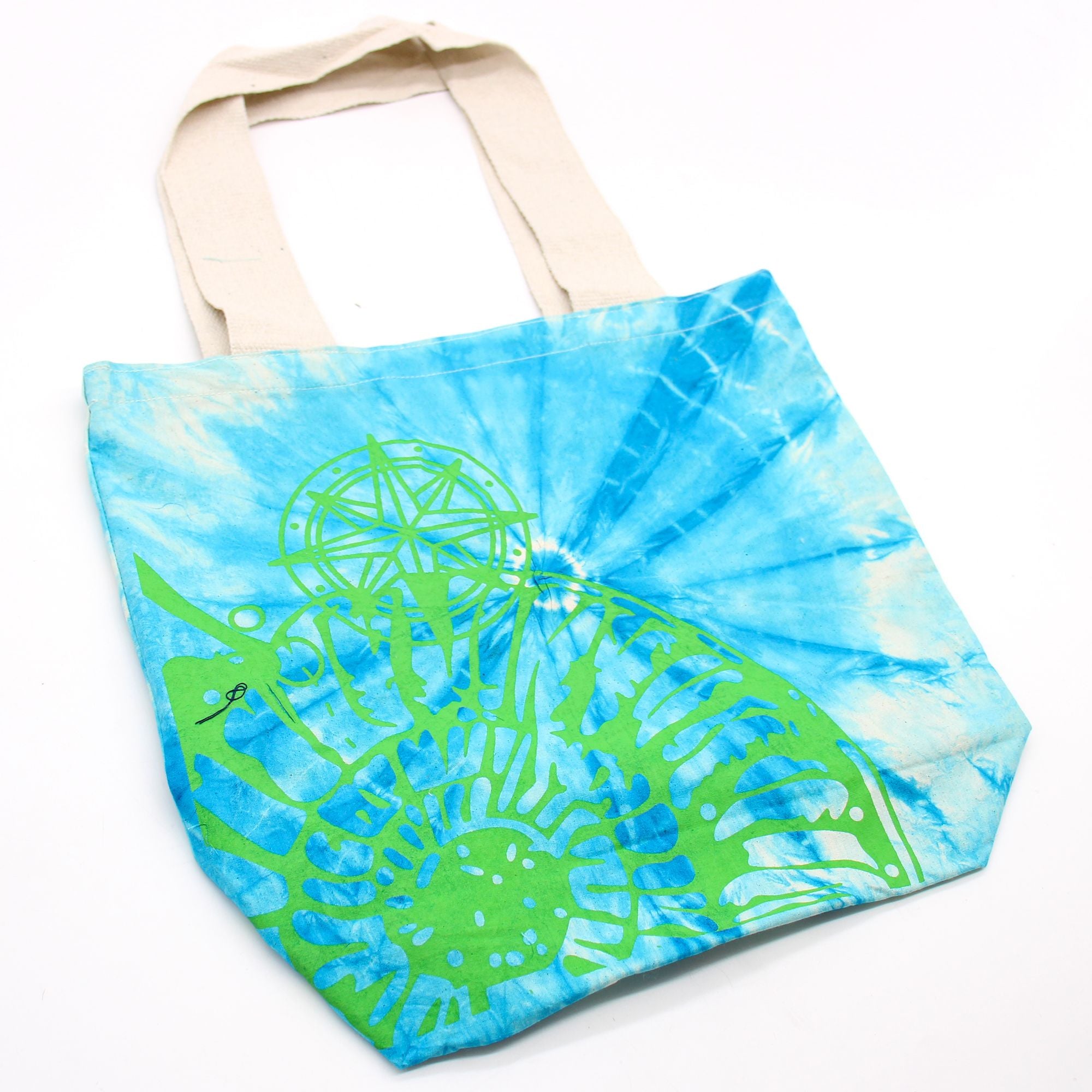 Tye Dye Cotton Bag in Sea Shell Blue Green with Green Handle