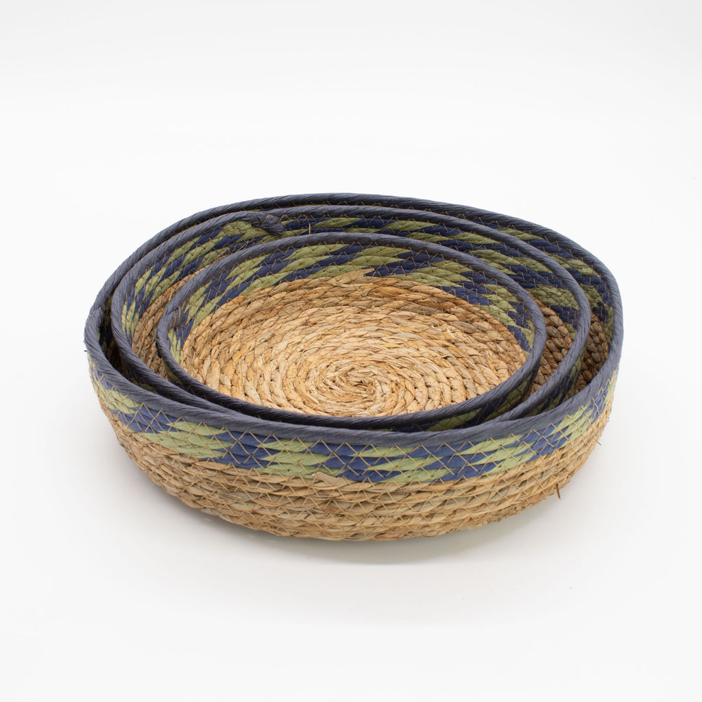 Straw and Seagrass Tray Baskets Set of 3 in Natural Green and Blue