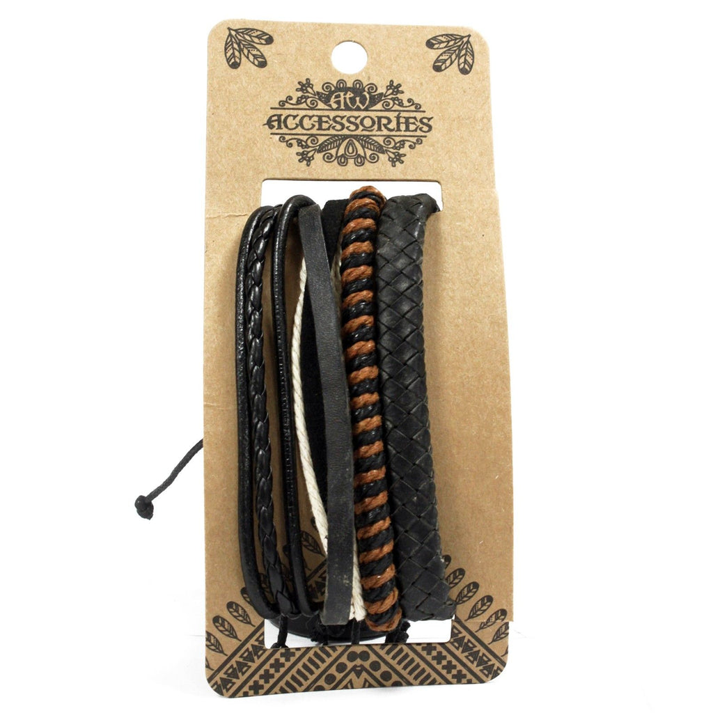 Mens Bracelet Sets Dark and Handsome with Leather and Metal Charms