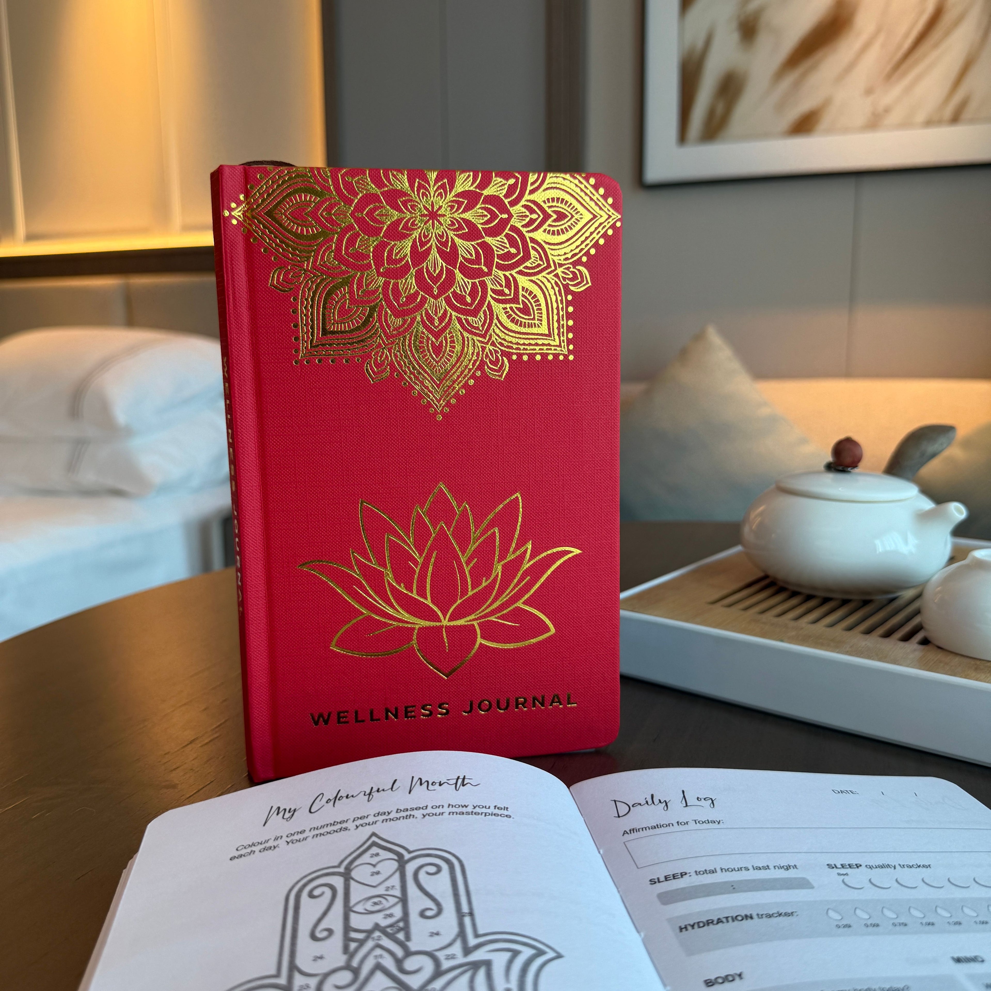 Red Wellness Journal with Golden Mandala and Lotus Design