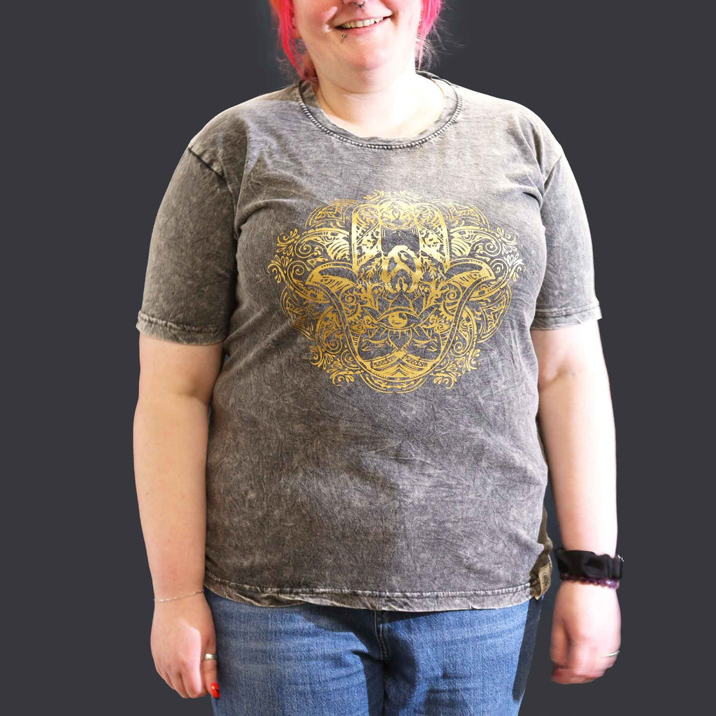 Nomad Sari Stonewashed Cotton T Shirt with Hamsa Design Dark Grey