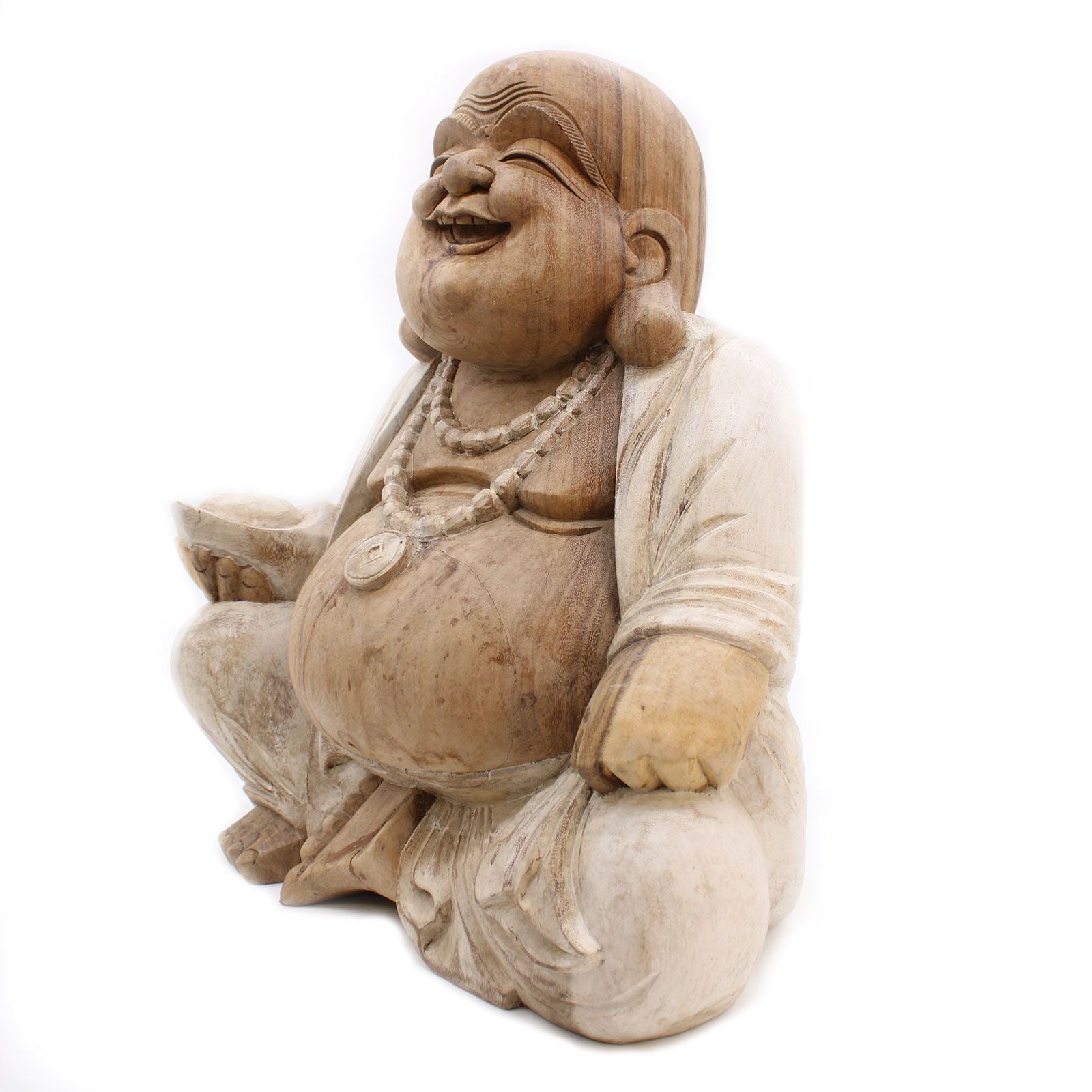 Happy Buddha Whitewash Hand Carved Statue 50cm for Home Decor
