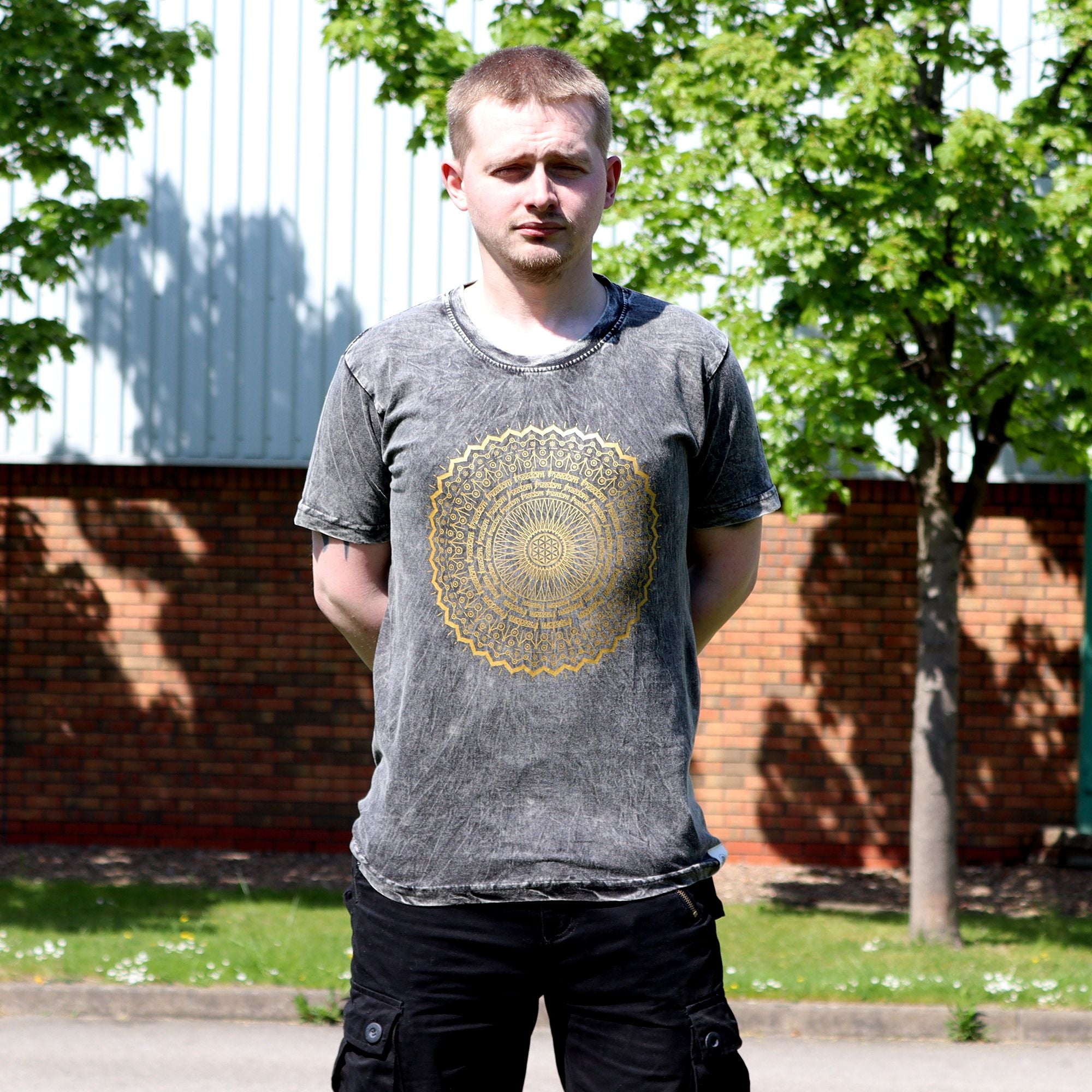 Nomad Sari Stonewashed Cotton T Shirt with Mandala Design Grey