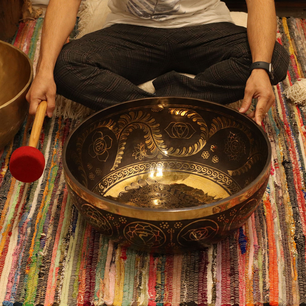 Engraved Huge Vibrational Feet Standing Bowl for Sound Therapy Use