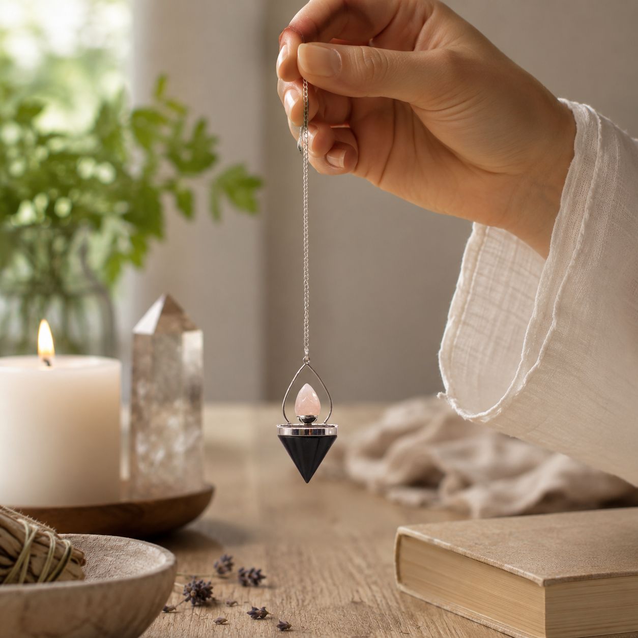 Gemstone Lantern of Life Pendulum - Black Agate & Rose Quartz