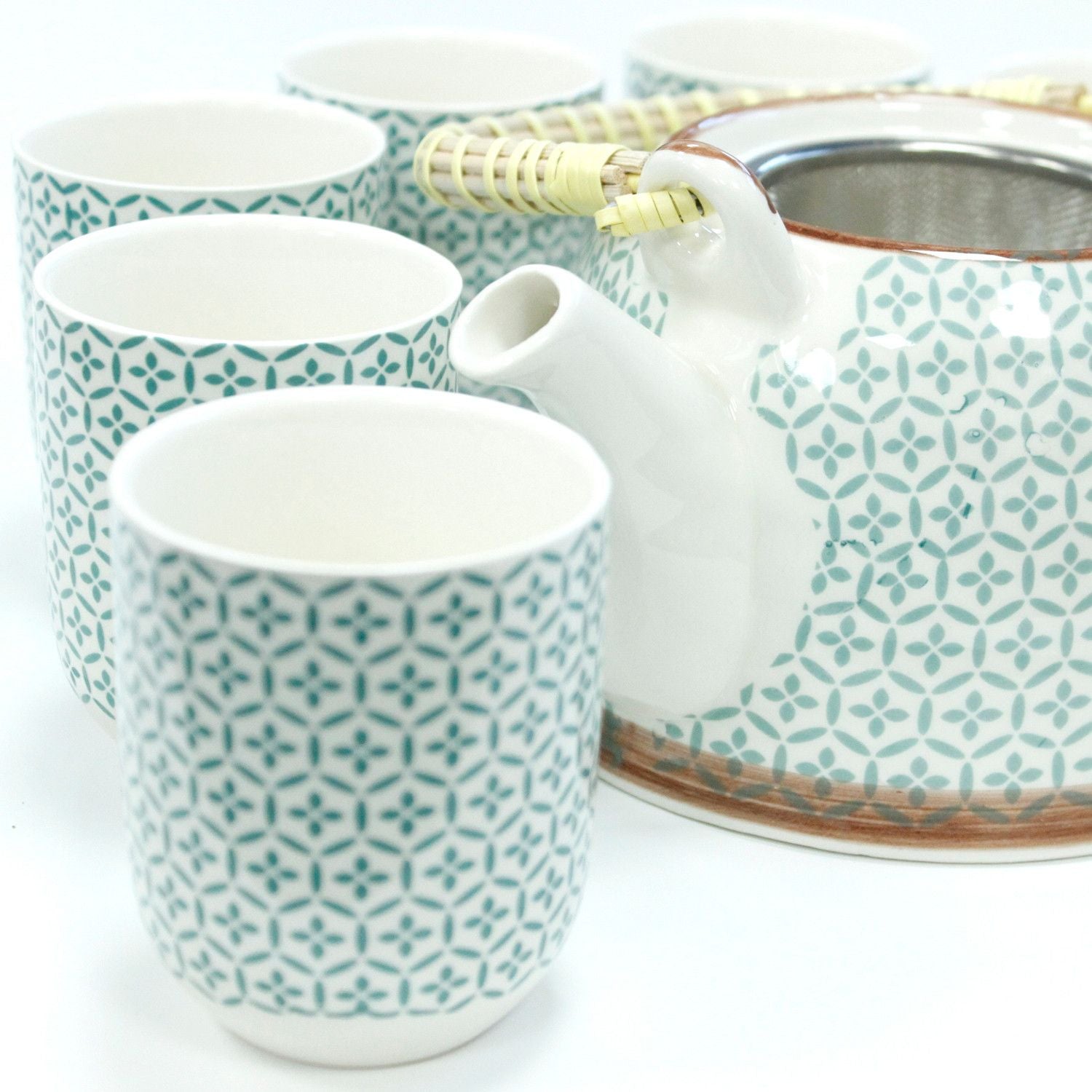 Herbal Teapot Set Green Mosaic with Matching Cups for Tea Lovers