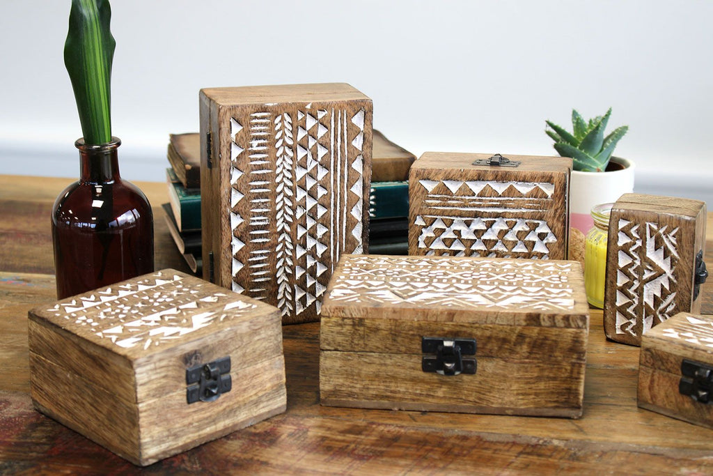 White Washed Wooden Box with Aztec Design for Stylish Storage
