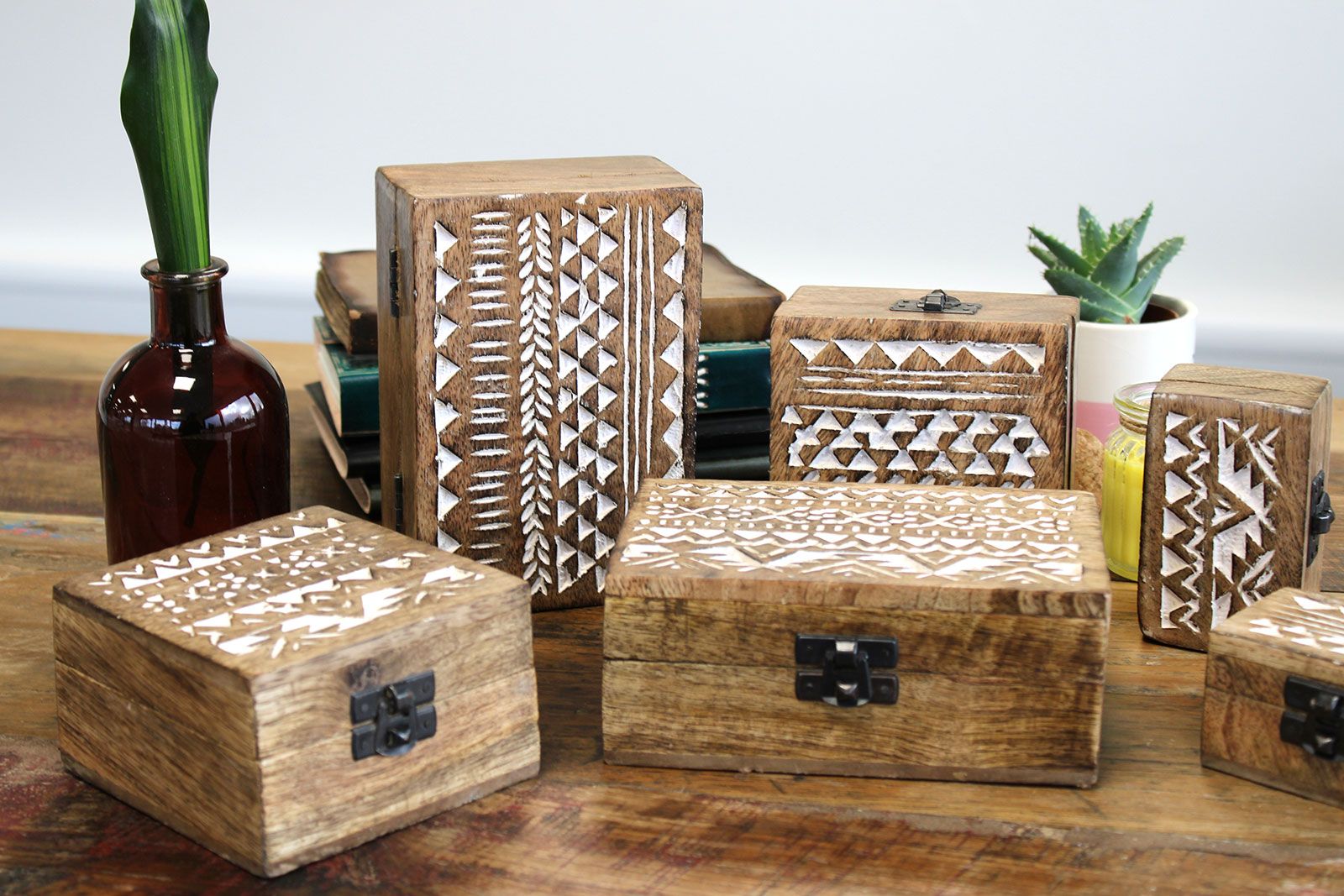White Washed Wooden Box with Aztec Design for Stylish Storage