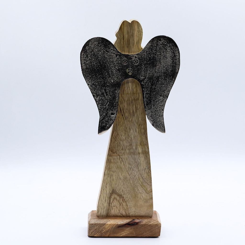 Large Mango Wood Peace Angel with Metal Wings and Enamel Detail