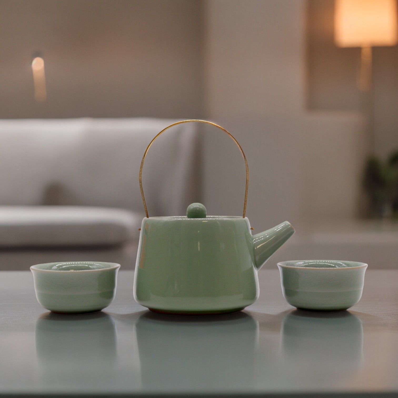 Herbal Jade Teapot Set with Elegant Design and Two Cups